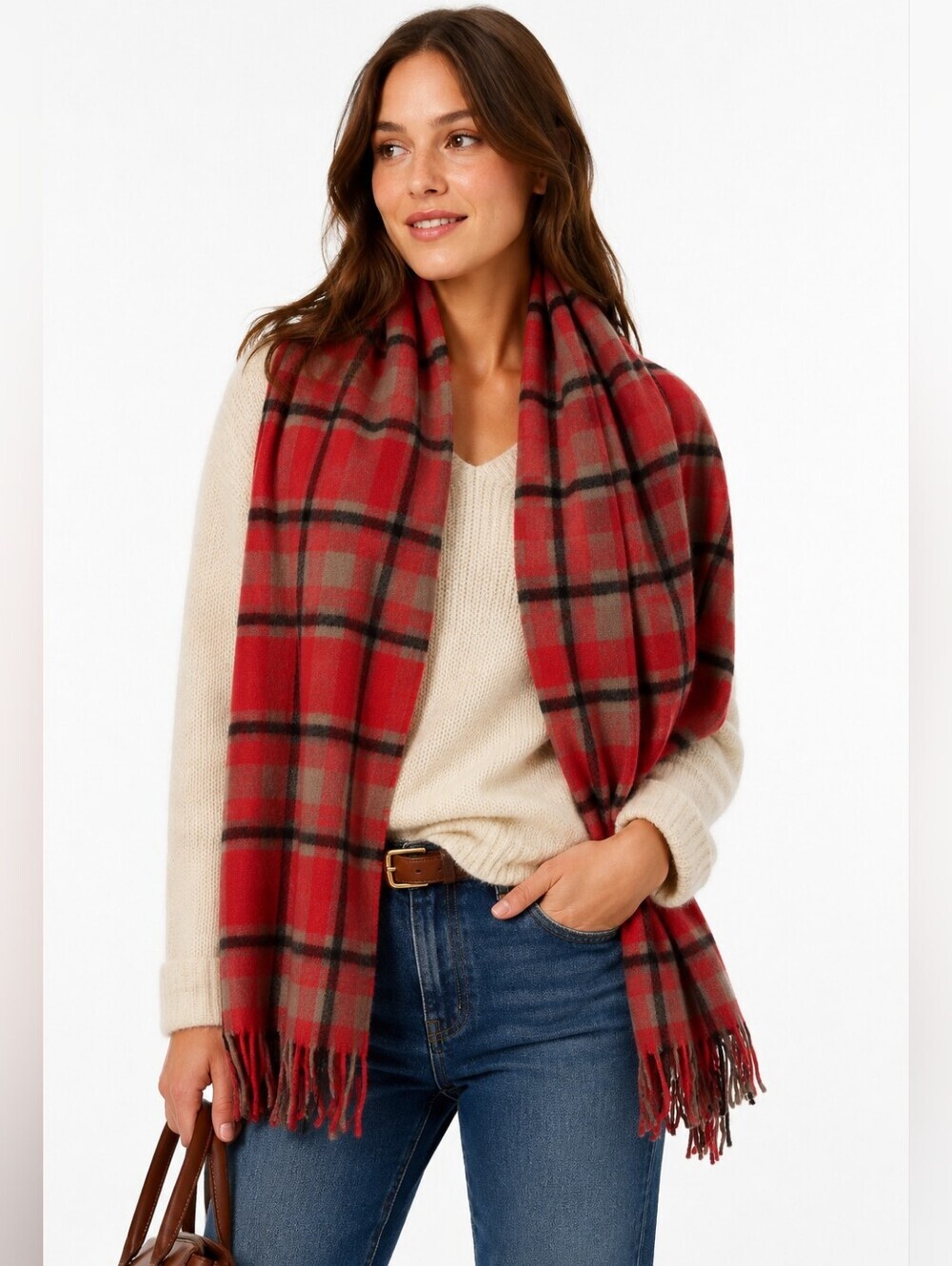 J.Crew 100% Wool Red Black Beige Plaid Scarf checkered Tartan Gingham Fall Prepp